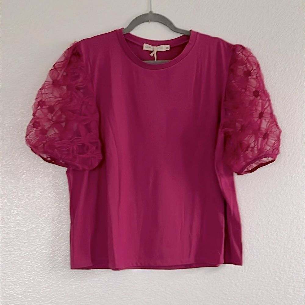 Grace & Emma Floral Puff Short Sleeve Lace Top - Fuchsia 2X
